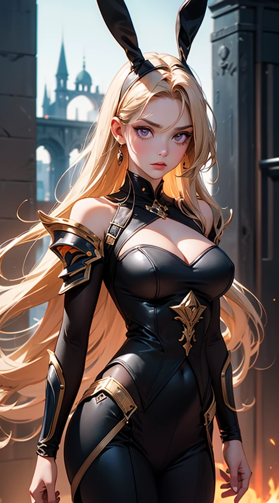 Create a captivating female android character with an elegant bunny style. With blonde hair, purple eyes, The armor, in a subtle shade of gray, features on the chest a striking red circle with a bold colored letter D. black. The square-shaped shoulder pads add a touch of robustness to its presence, while the waist is adorned with a shiny gold band, highlighting its elegance. The forearms incorporate retractable blades, providing an element of controlled danger. The face, divided in two, reveals on the left half an enigmatic rabbit mask, meticulously crafted in metal, with a red lens that intensifies its mysterious gaze. The combination of these elements creates a unique character that fuses grace, strength and a touch of mystery.