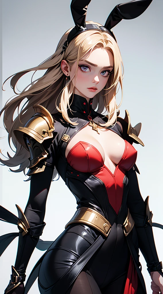 Create a captivating female android character with an elegant bunny style. With blonde hair, purple eyes, The armor, in a subtle shade of gray, features on the chest a striking red circle with a bold colored letter D. black. The square-shaped shoulder pads add a touch of robustness to its presence, while the waist is adorned with a shiny gold band, highlighting its elegance. The forearms incorporate retractable blades, providing an element of controlled danger. The face, divided in two, reveals on the left half an enigmatic rabbit mask, meticulously crafted in metal, with a red lens that intensifies its mysterious gaze. The combination of these elements creates a unique character that fuses grace, strength and a touch of mystery.