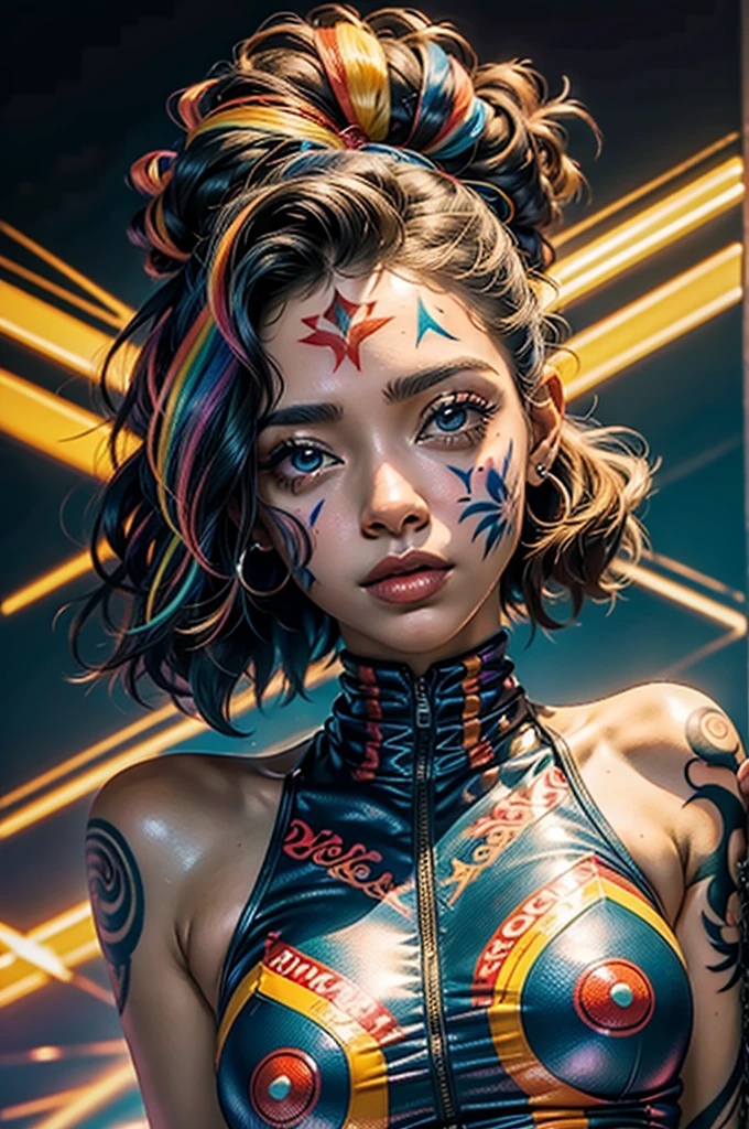 1closeup de uma garota 18 anos tatuada no rosto todo, colorful rainbow hair ((AFRO AMERICANA)), medium breasts, ((cabelo curto e liso com franja)), sorrindo,((with various tattoos on his face)),( fleshy lips)olhos grandes,sardas no rosto ,batom vermelho,( pircing on the lip),colar, brinco, e maquiagem, Angle of the face up close, Looking at camera