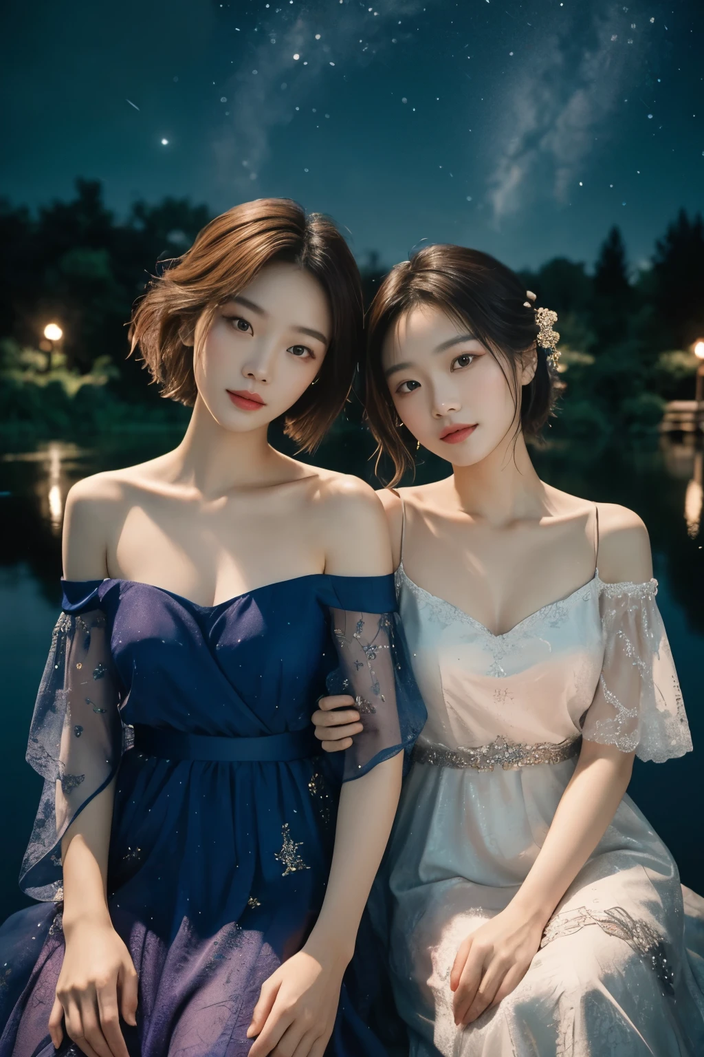 All faces must be different, high quality, highly detailed, a stunningly photorealistic closeup portrait of two beautiful Chinese women,faced, intricate detailed eyes,open shoulders,skirtlift,where two mysterious women sits by the edge of a pond, capturing a romantic atmosphere under the starry sky.POV, by lee jeffries, nikon d850, film stock photograph ,4 kodak portra 400 ,camera f1.6 lens ,rich colors ,hyper realistic ,lifelike texture, dramatic lighting , cinestill 800,