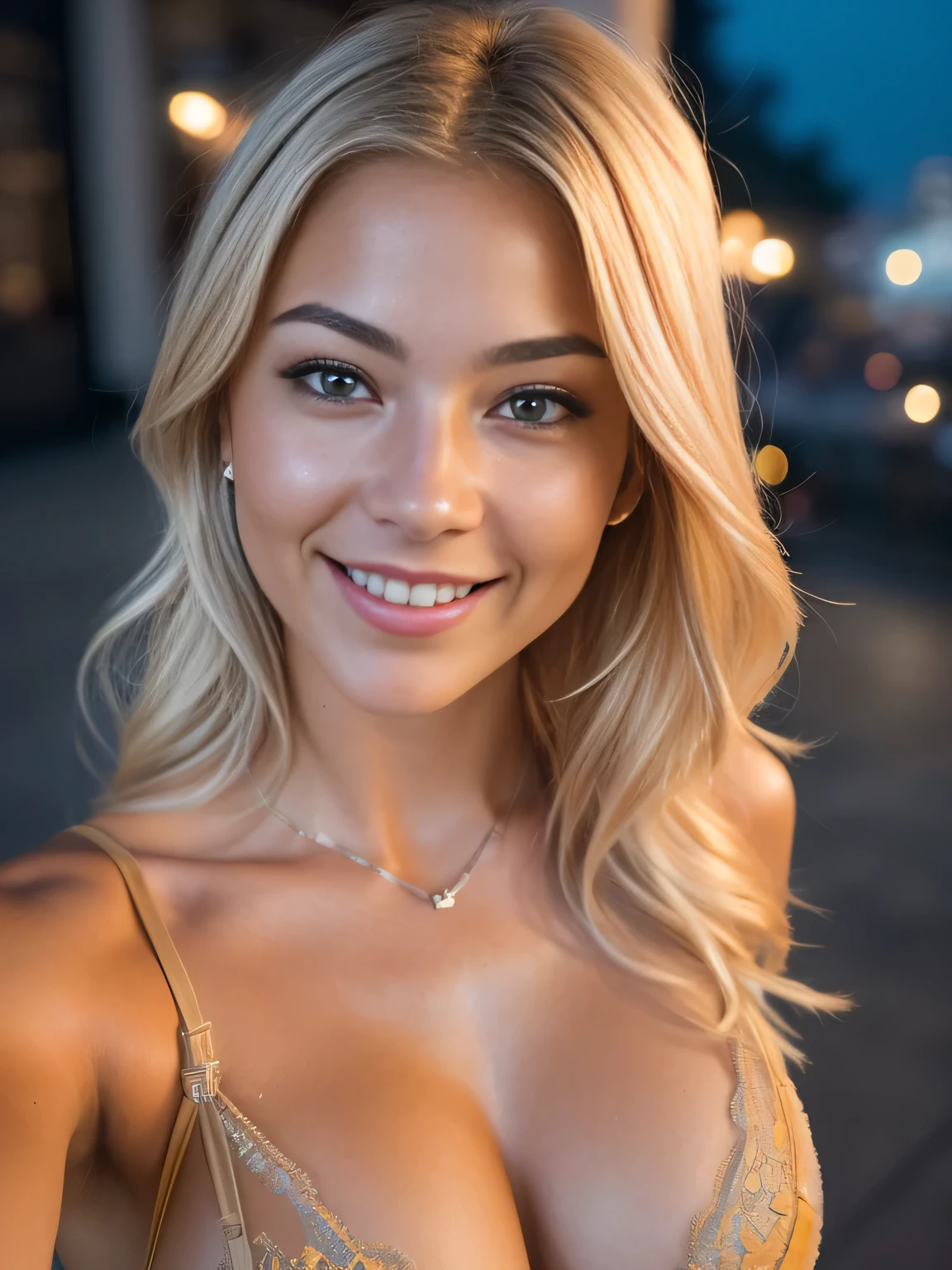 (selfie shot, from above:1.4), (half body postrait:1.4), RAW uhd portrait photo of a 24-year-old blonde smile full body posed in lingerie, natural breast, golden hour, yellow lingerie, (cleavage), detailed (textures!, hair!, shine, color!!, imperfections:1.1), highly detailed glossy eyes, (looking at the camera), specular lighting, dslr, ultra quality, sharp focus, tack sharp, dof, film grain, (centered), Fujifilm XT3, crystal clear, center of frame, cute face, sharp focus, street lamp, neon lights, bokeh, (dimly lit), low key, at night, (night sky)  detailed skin pores, oiled skin, tan, intricate eye detail