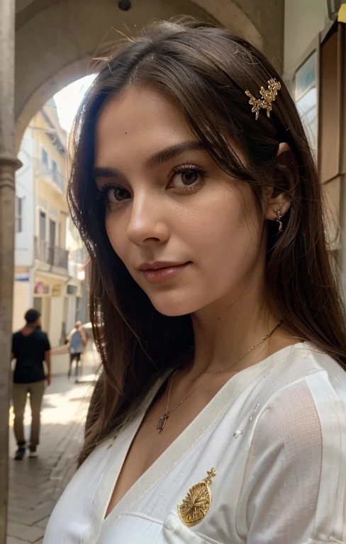 (master part, best quality, ultra-detalhado, Altas, absurdos, best ilMundosnation, detalhe fino, florescer, Lighting on the face, best ilumination, detalhe finoed beautiful eyes, cabelos brilhantes , rosto perfeito, Pele Lustrosa), Standing, ao ar livre, profundidade_Of_campo, luz do dia, dia, corpo inteiro, Dutch_angle, Rua,, Mundos_vsinger, ornamento de cabelo, gargantilha preta, colar de estrelas
