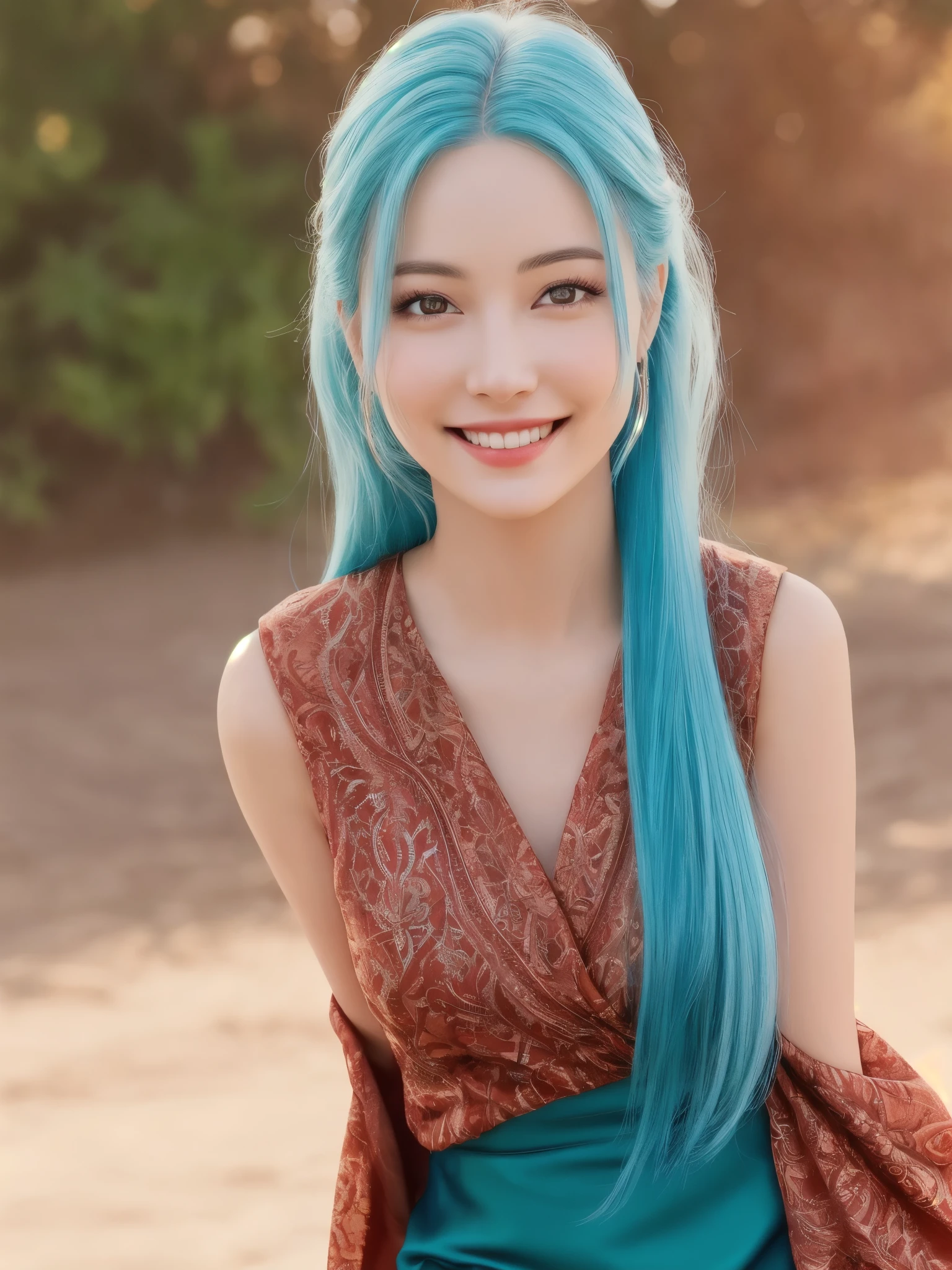 (Realistic:1.5), A highly detailed photo of a stunningly beautiful young woman in a minuscule clothes. Long rusty-cyan colored hair blowing in the wind . Dazzling and glowing orange-red eyes, (freckles:0.3), cute sexy, Mouth smiling wide with joy. Leaning towards the camera with arms crossed playfully behind her back. Free-spirited persona. Looking directly at the camera and winking