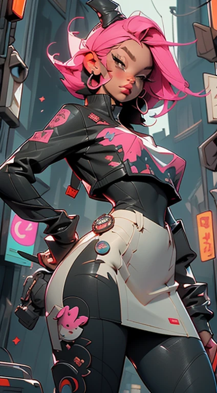((Very nice girl in full height)). With pink hair, posing in black and pink clothes with pink rhinoceros, tanned skin, dark skin, seductive - hot stripper, very sexy, modern style, comic book, cyberpunk, future, color fill, rich colors. Very graceful, stands half-turned, in a sporty pose, looking at the viewer. Tattoos on the body, fashionable short dresses and devices on the body. 2_Strip club, city of the future, evening city, lanterns, illumination. 3_High image quality, Full HD, cinematic comic, 3D visualization_in comic style - linear stroke, color fill, high-quality stroke - a masterpiece, TOP computer graphics ART. dark lighting, strong shadow. (vivid, anime, comic, creative, sharp focus, 8K). High detail of the drawing, lines, high-quality background (shades of cold tones, red, warm highlights, side lighting), Architecture, cyberpunk, futurism. Film grains, dust and particles in the air.