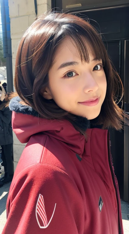 An American woman、a Pretty face、Bob Hair、a ski、ski weeshing front