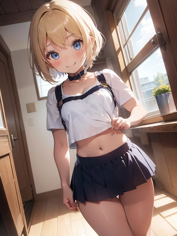 Beautiful illustration, Best Quality, (6 years old female child)、cute petit girl, Lori、(Superb view), ((sexually suggestive), bedroom, crop top, exposed skin, little clothing, small breasts, cleavage, navel, mini skirt、Thighs visible through the gap in mini skirt、Crotch gap、Thigh gap、Beautiful blue eyes, frombelow, Cinematic lighting, Cowboy Shot, Euphoric smile, (short hair)、blonde hair,
