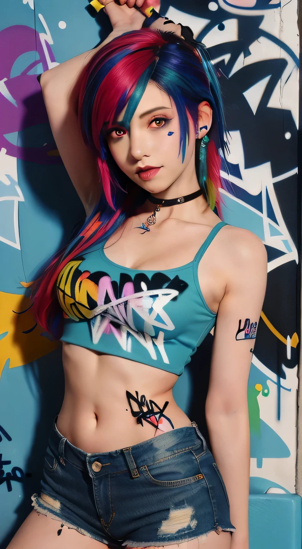 masterpiece, best quality, 1girl, solo, crop top, denim shorts, choker, (graffiti:1.5), paint splatter, arms behind back, against wall, looking at viewer, armband, thigh strap, paint on body, head tilt, bored, multicolored hair, aqua eyes, headset,