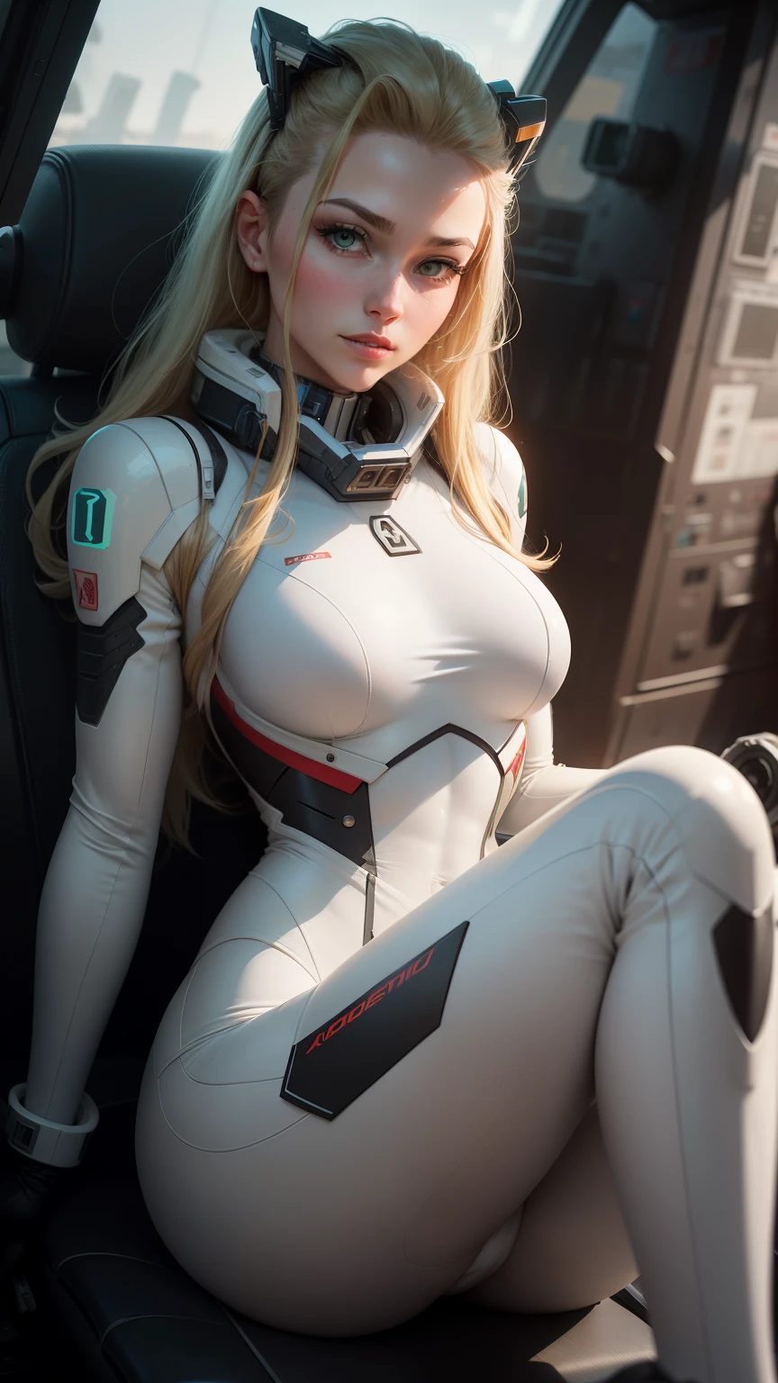 Thighs and up shot of a smooth sharp gorgeous beautiful stunning woman mech pilot with blond hair pulled back and piercing green eyes, godlike curvaceous, medium breasts, slim abs, wearing a skin-tight pure white body suit with blue trim, taking her helmet off to reveal her serene expression, while sitting with leg open and knees spread, within the confines of her sterile white mech cockpit, robotech, star blazers, alluring flirtatious tantalizing frisky, ground camera angle, octane, volumetric lighting, intense detail, UHD HDR, 8k