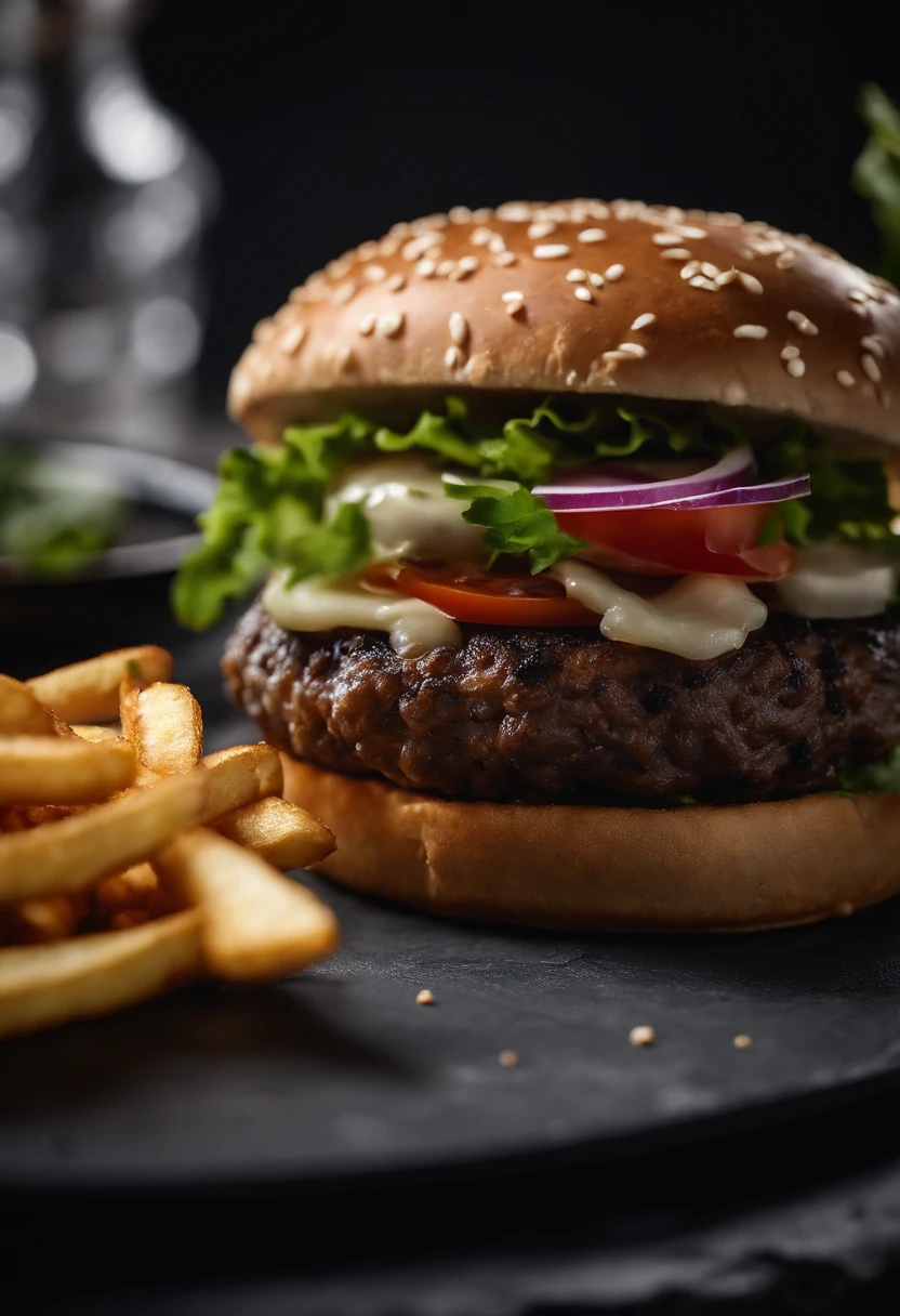 An aesthetic photo of a hamburger served on a trendy black slate plate with a side of golden crispy fries, showcasing the burger’s modern and stylish presentation