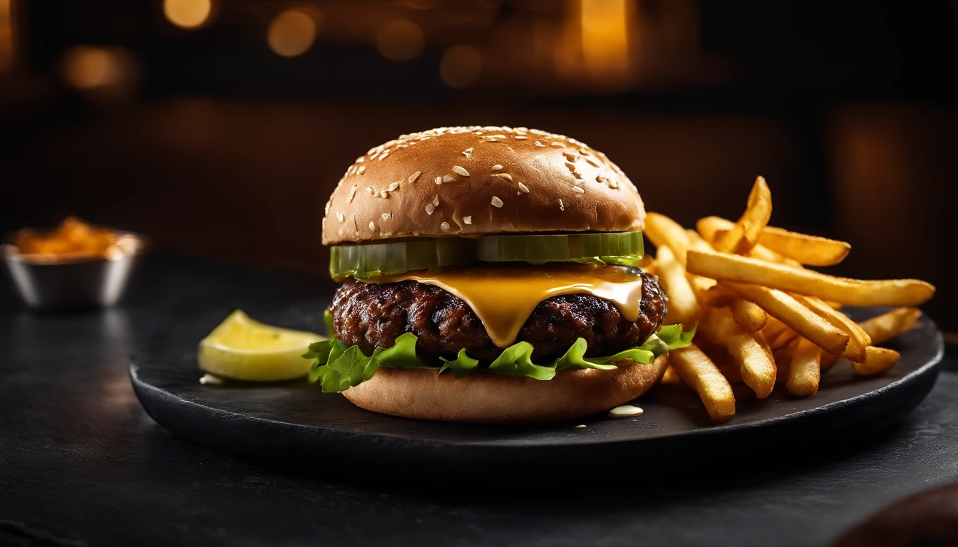 An aesthetic photo of a hamburger served on a trendy black slate plate with a side of golden crispy fries, showcasing the burger’s modern and stylish presentation