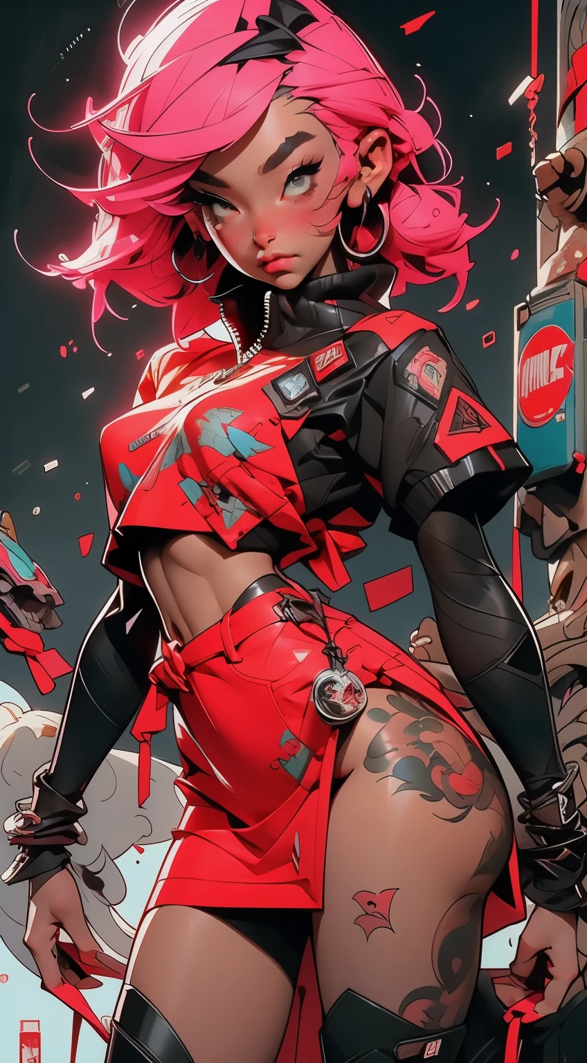 ((Very nice girl in full height)). With pink hair, posing in black and pink clothes with pink rhinoceros, tanned skin, dark skin, seductive - hot stripper, very sexy, modern style, comic book, cyberpunk, future, color fill, rich colors. Very graceful, stands half-turned, in a sporty pose, looking at the viewer. Tattoos on the body, fashionable short dresses and devices on the body. 2_Strip club, city of the future, evening city, lanterns, illumination. 3_High image quality, Full HD, cinematic comic, 3D visualization_in comic style - linear stroke, color fill, high-quality stroke - a masterpiece, TOP computer graphics ART. dark lighting, strong shadow. (vivid, anime, comic, creative, sharp focus, 8K). High detail of the drawing, lines, high-quality background (shades of cold tones, red, warm highlights, side lighting), Architecture, cyberpunk, futurism. Film grains, dust and particles in the air.