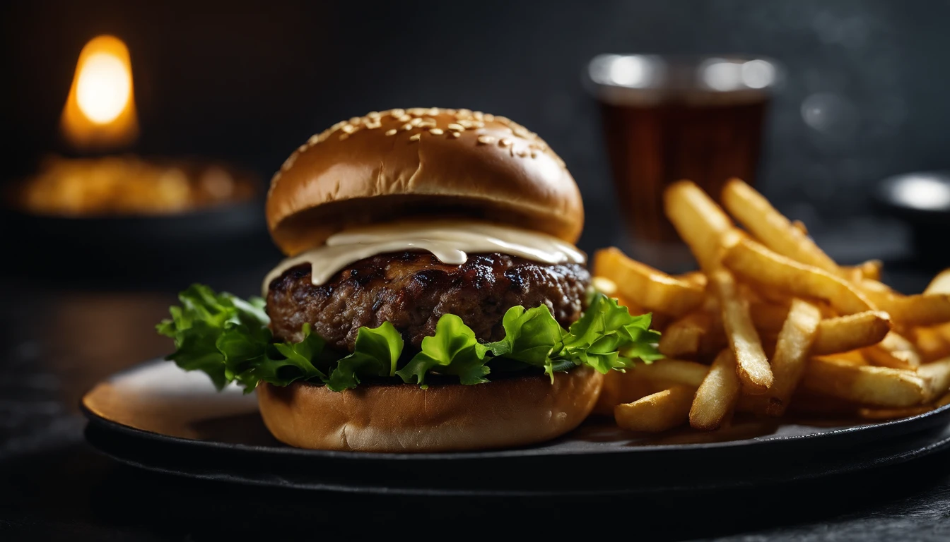 An aesthetic photo of a hamburger served on a trendy black slate plate with a side of golden crispy fries, showcasing the burger’s modern and stylish presentation