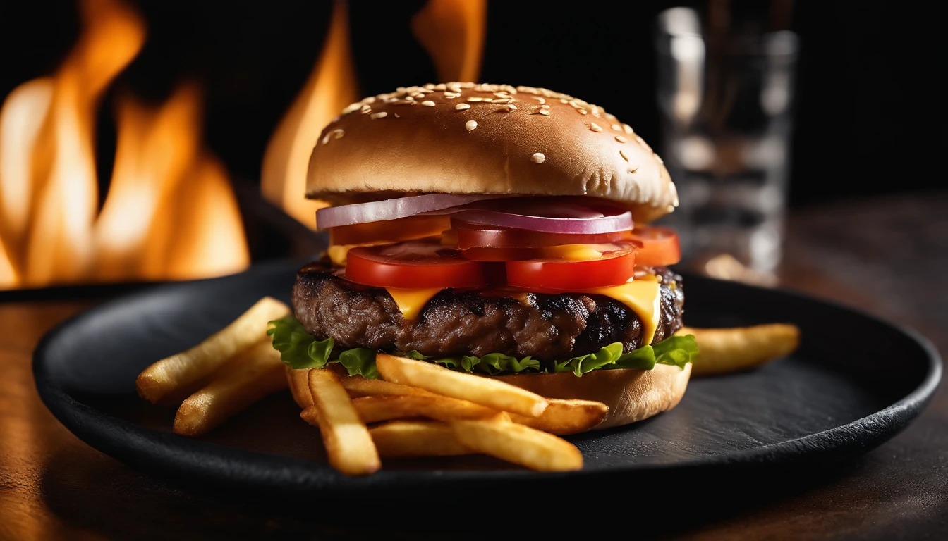 An aesthetic photo of a hamburger served on a trendy black slate plate with a side of golden crispy fries, showcasing the burger’s modern and stylish presentation