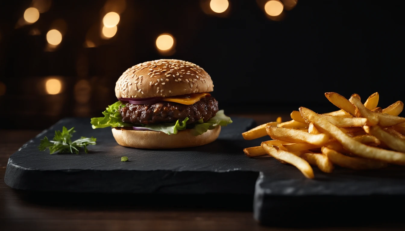 An aesthetic photo of a hamburger served on a trendy black slate plate with a side of golden crispy fries, showcasing the burger’s modern and stylish presentation