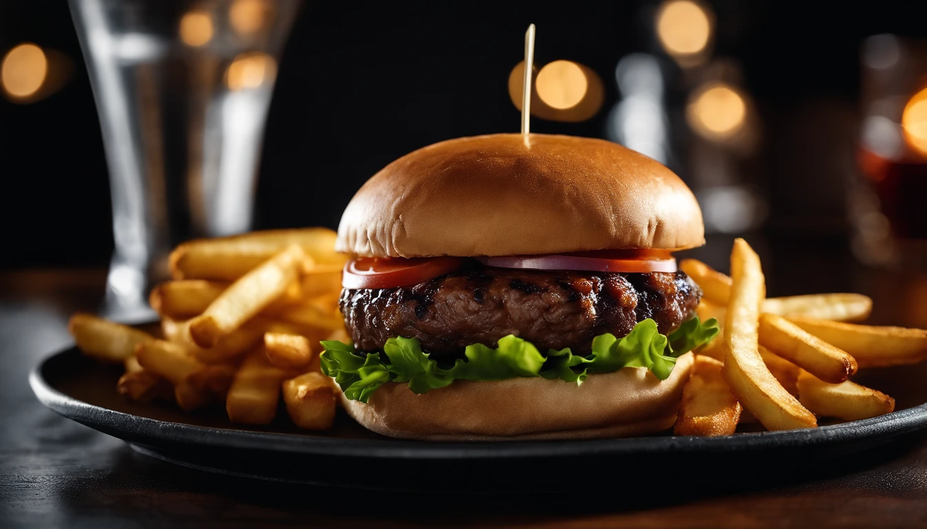 An aesthetic photo of a hamburger served on a trendy black slate plate with a side of golden crispy fries, showcasing the burger’s modern and stylish presentation
