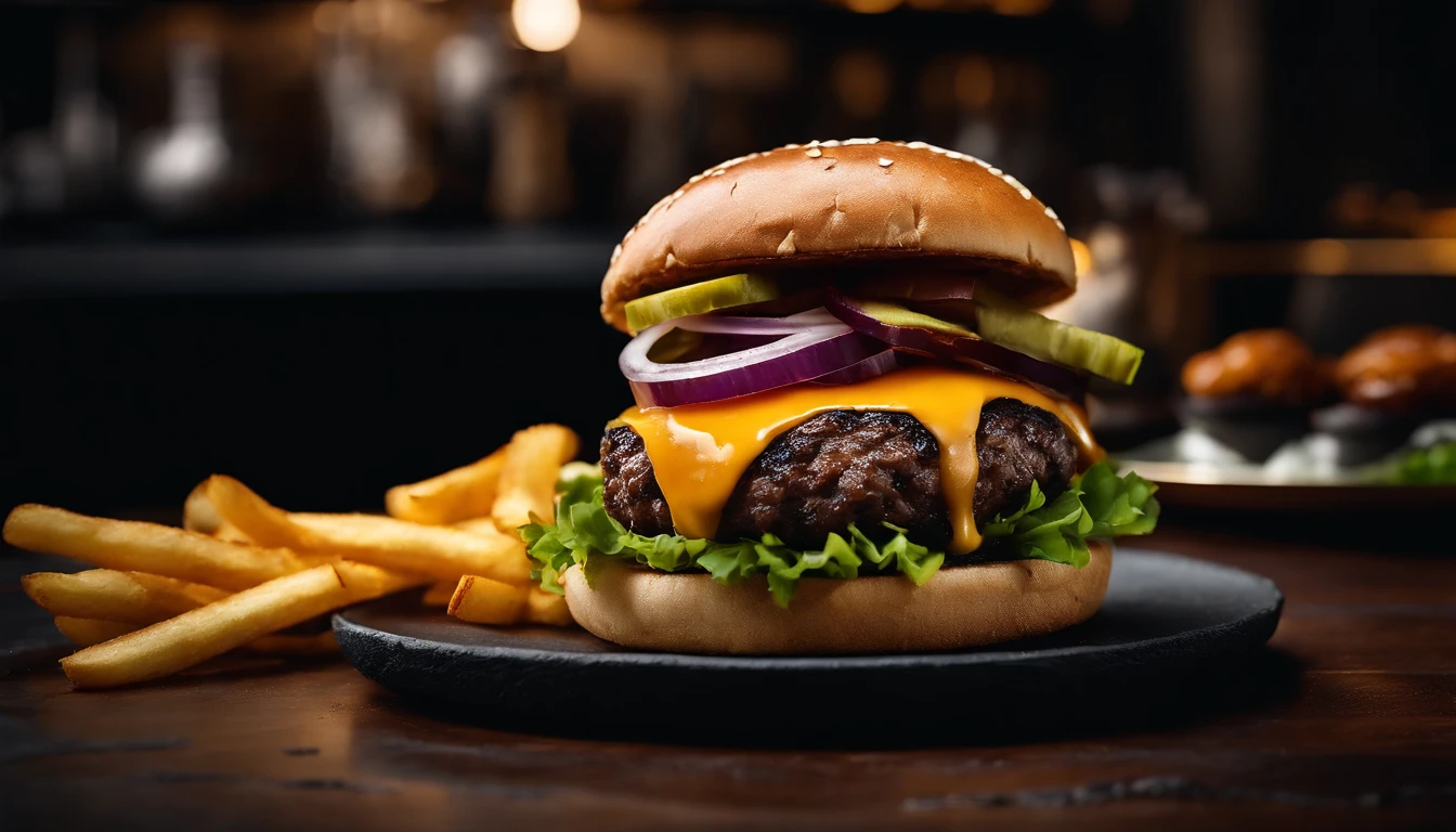 An aesthetic photo of a hamburger served on a trendy black slate plate with a side of golden crispy fries, showcasing the burger’s modern and stylish presentation