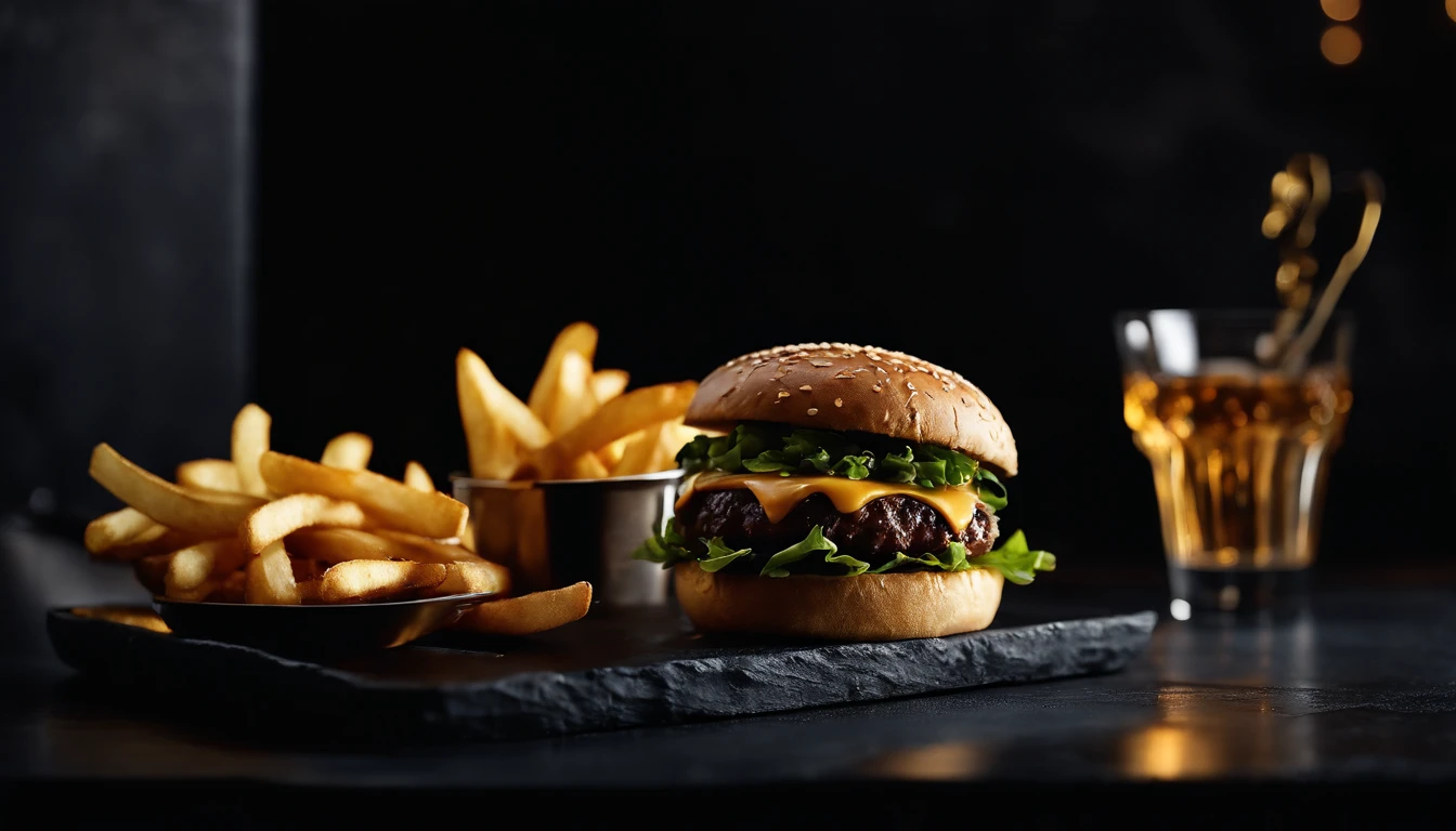 An aesthetic photo of a hamburger served on a trendy black slate plate with a side of golden crispy fries, showcasing the burger’s modern and stylish presentation