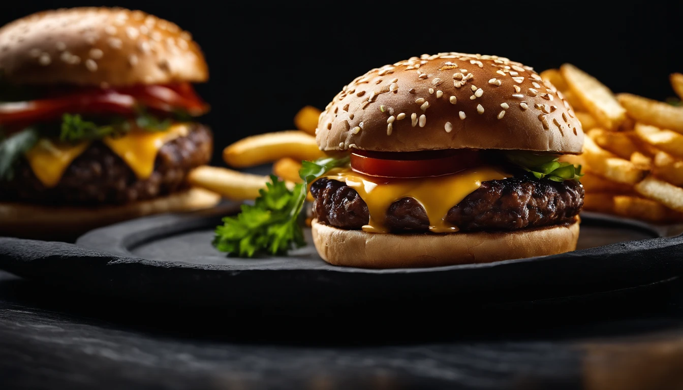 An aesthetic photo of a hamburger served on a trendy black slate plate with a side of golden crispy fries, showcasing the burger’s modern and stylish presentation