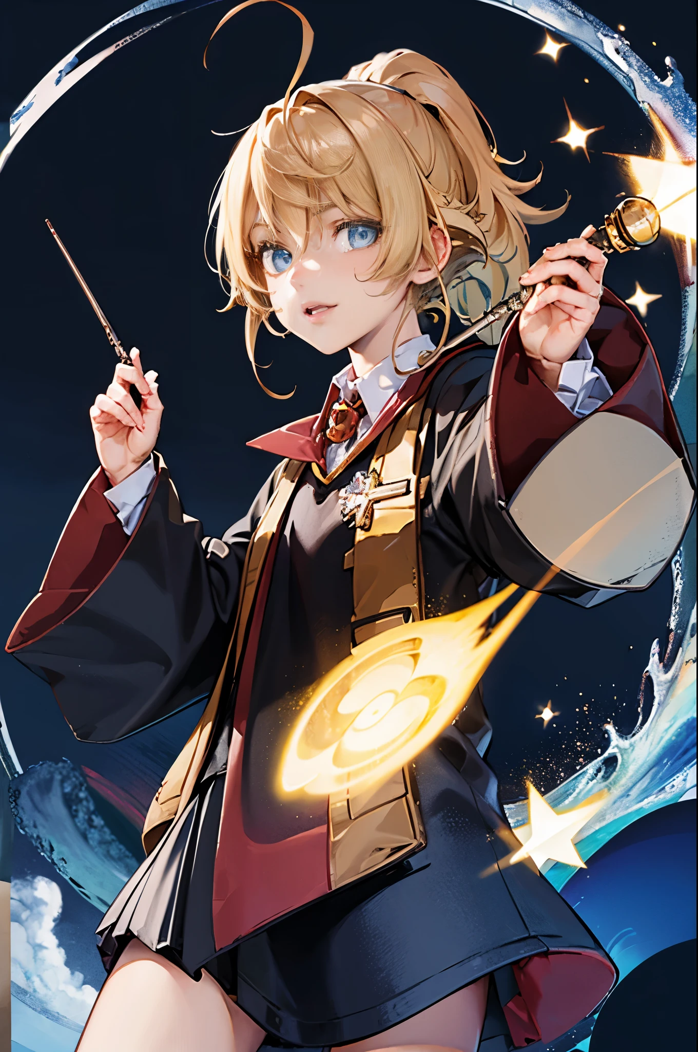 (masterpiece, best quality), tanya, short blonde hair with ponytail, blue eyes, wand in hand, hogwarts school uniform, magic castle, small floting magic lights