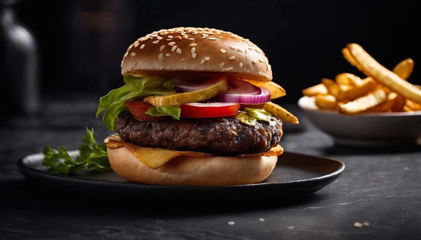 An aesthetic photo of a hamburger served on a trendy black slate plate with a side of golden crispy fries, showcasing the burger’s modern and stylish presentation