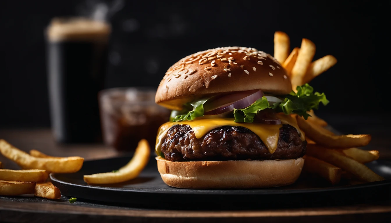 An aesthetic photo of a hamburger served on a trendy black slate plate with a side of golden crispy fries, showcasing the burger’s modern and stylish presentation