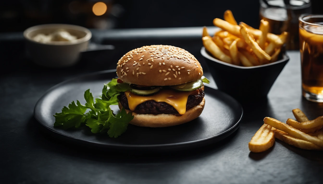 An aesthetic photo of a hamburger served on a trendy black slate plate with a side of golden crispy fries, showcasing the burger’s modern and stylish presentation