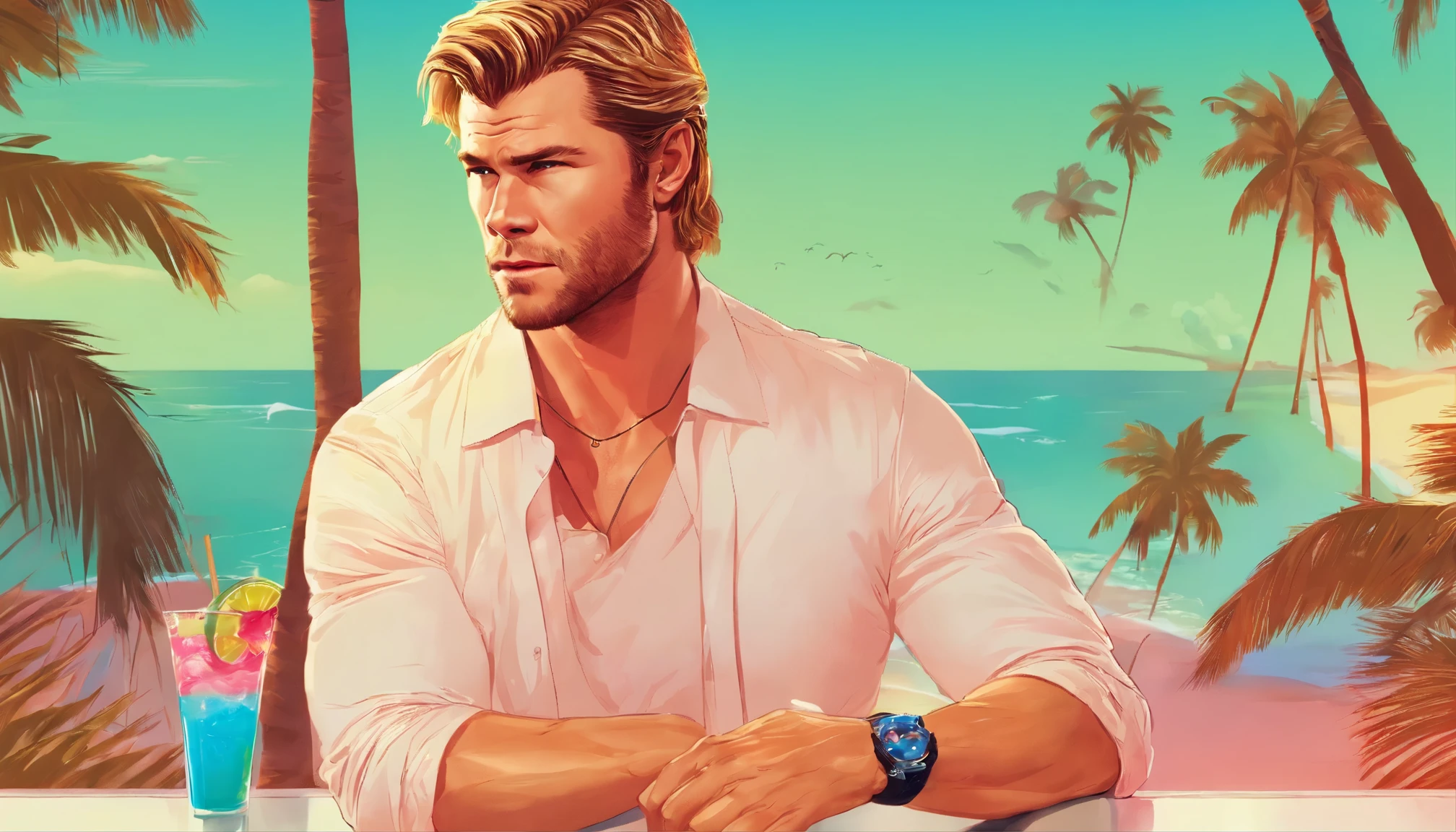 A photorealistic portrait of Chris Hemsworth, styled in a Miami Vice-inspired look, captured by Austin English in his signature minimalist style. Hemsworth wears a cobalt white button-down shirt and matching bomber jacket, the color echoing the Miami sky behind him. His hair tousled by the ocean breeze, and his gaze smolders with an intensity that could melt glaciers. He sips a margarita at a Little Havana Beach Bar. The palm trees lining South Beach frame the shot, while hinting at Hemsworth's jet-set lifestyle. The overall vibe a blend of masculine charm, carefree luxury, and a touch of danger, reminiscent of classic 80s action movies.