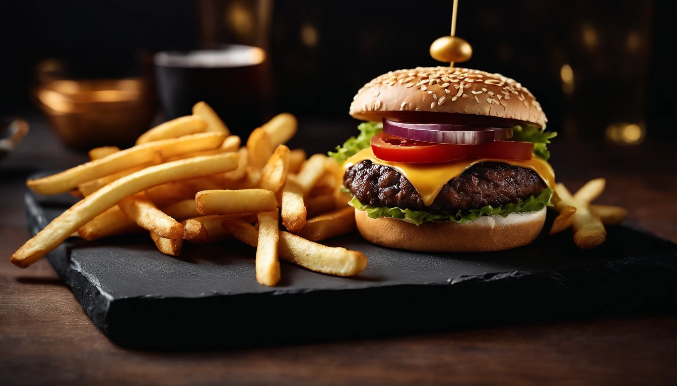 An aesthetic photo of a hamburger served on a trendy black slate plate with a side of golden crispy fries, showcasing the burger’s modern and stylish presentation