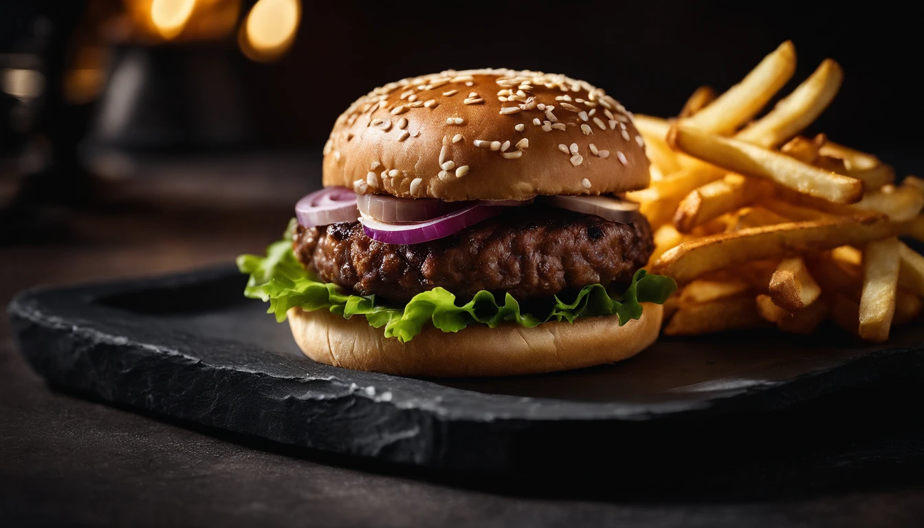 An aesthetic photo of a hamburger served on a trendy black slate plate with a side of golden crispy fries, showcasing the burger’s modern and stylish presentation