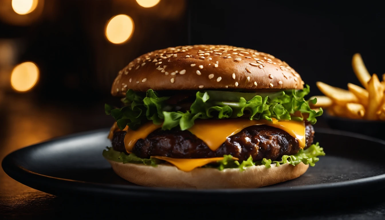 An aesthetic photo of a hamburger served on a trendy black slate plate with a side of golden crispy fries, showcasing the burger’s modern and stylish presentation