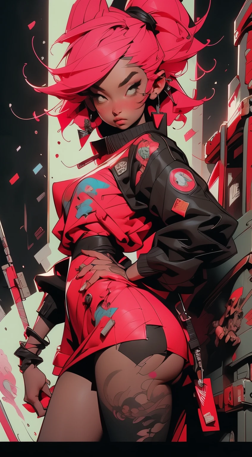 ((Very nice girl in full height)). With pink hair, posing in black and pink clothes with pink rhinoceros, tanned skin, dark skin, seductive - hot stripper, very sexy, modern style, comic book, cyberpunk, future, color fill, rich colors. Very graceful, stands half-turned, in a sporty pose, looking at the viewer. Tattoos on the body, fashionable short dresses and devices on the body. 2_Strip club, city of the future, evening city, lanterns, illumination. 3_High image quality, Full HD, cinematic comic, 3D visualization_in comic style - linear stroke, color fill, high-quality stroke - a masterpiece, TOP computer graphics ART. dark lighting, strong shadow. (vivid, anime, comic, creative, sharp focus, 8K). High detail of the drawing, lines, high-quality background (shades of cold tones, red, warm highlights, side lighting), Architecture, cyberpunk, futurism. Film grains, dust and particles in the air.