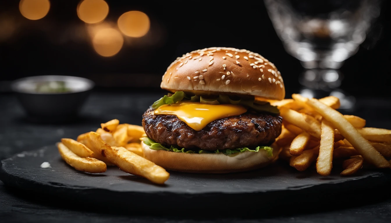 An aesthetic photo of a hamburger served on a trendy black slate plate with a side of golden crispy fries, showcasing the burger’s modern and stylish presentation