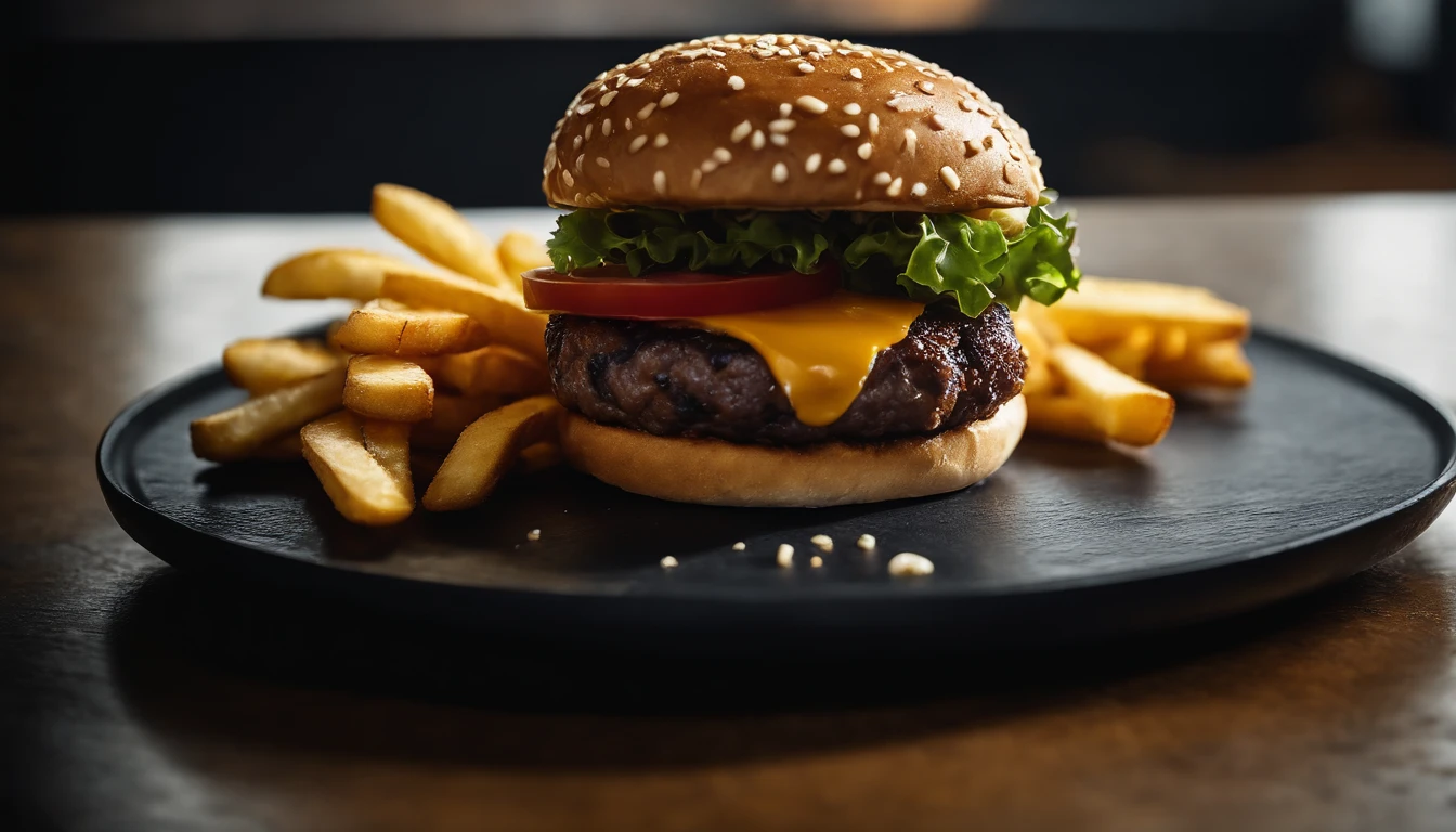 An aesthetic photo of a hamburger served on a trendy black slate plate with a side of golden crispy fries, showcasing the burger’s modern and stylish presentation