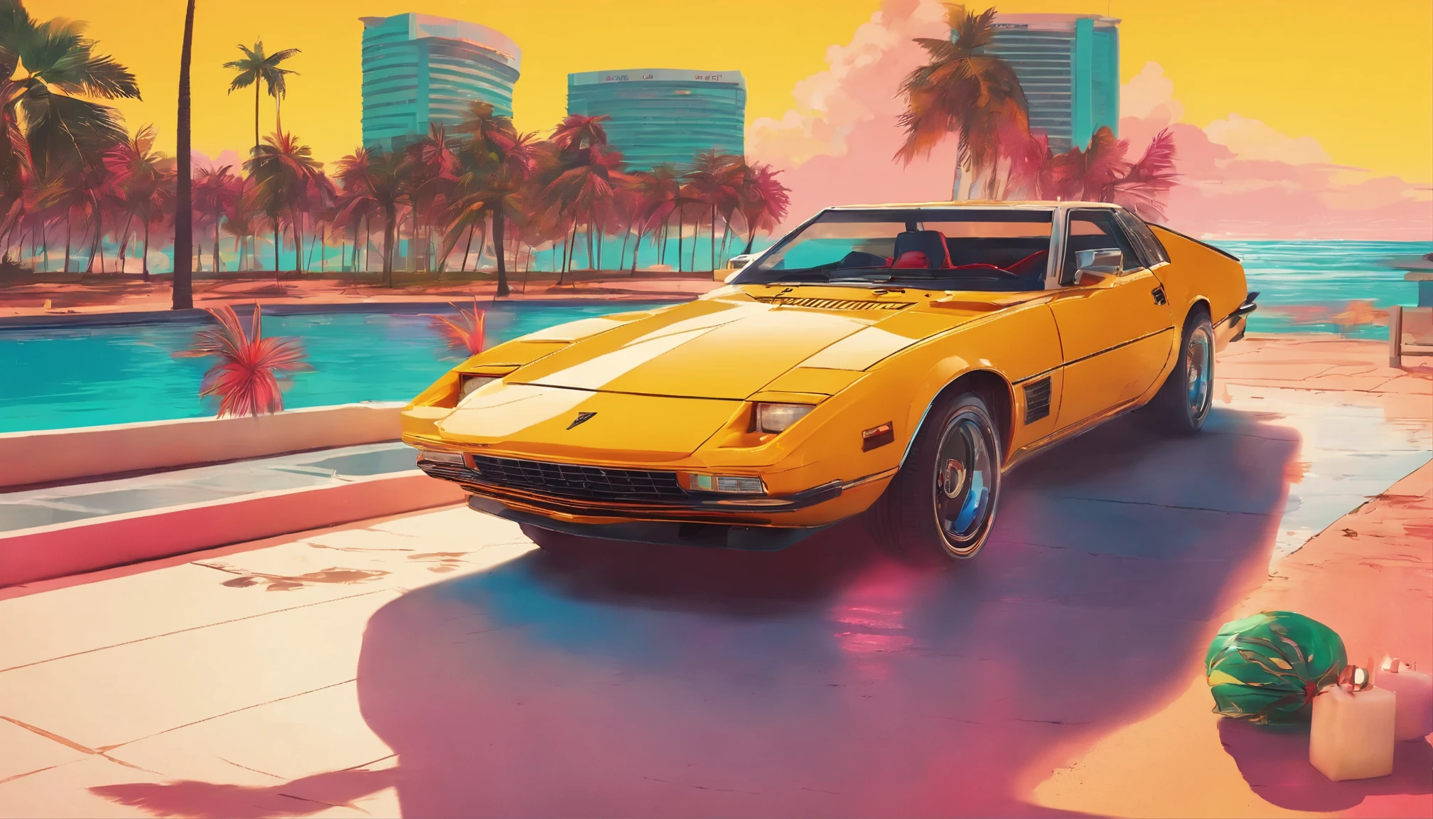 A photorealistic portrait of Chris Hemsworth, styled in a Miami Vice-inspired look, captured by Austin English in his signature minimalist style. Hemsworth wears a cobalt white button-down shirt and matching bomber jacket, the color echoing the Miami sky behind him. His hair tousled by the ocean breeze, and his gaze smolders with an intensity that could melt glaciers. The palm trees lining South Beach frame the shot, while a gleaming yellow and black Lamborghini sits parked in the foreground, hinting at Hemsworth's jet-set lifestyle. The overall vibe a blend of masculine charm, carefree luxury, and a touch of danger, reminiscent of classic 80s action movies.