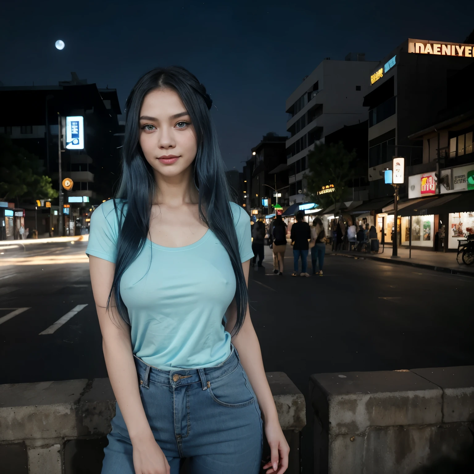 Thai Woman, look at viewer, long blue hair, blue eyes, green shirt, over size jeans, day, sun, ruins, scenery, people , add makeup, smile, hot, big breast, blue eyes, hand on her head