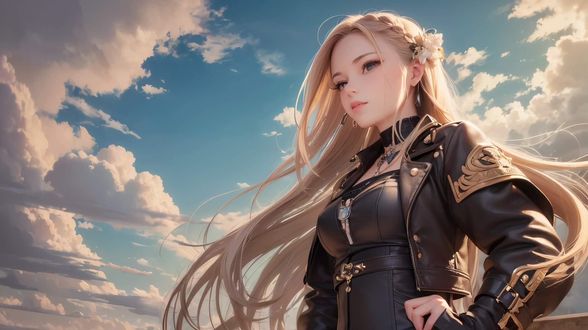 best quality, masterpiece, upper body, woman, windblown blonde hair, sparkling eyes, steampunk nude windy, punk, future, digital, photo