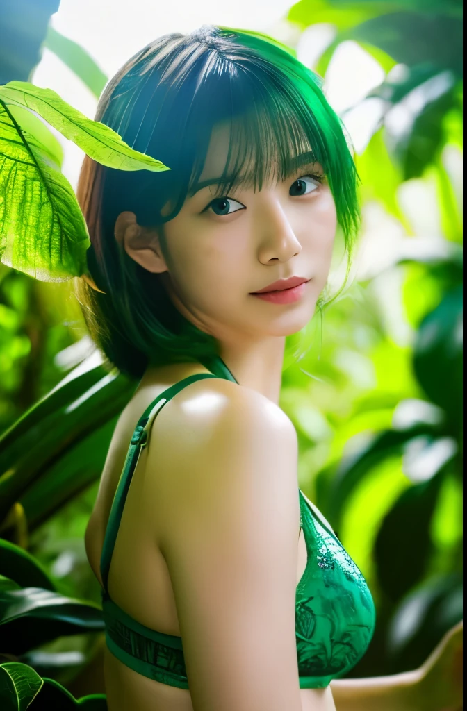 8K resolution, RAW photo-like highest quality, masterpiece-like clarity and detail, Dense tropical rainforest setting, Sense of luxury, Lush greenery, Exotic flowers, Vines, Natural abundance, Mysterious atmosphere, 20-year-old Japanese idol, Full body, Sexy pose, Confidence and charm, Perfect physique, Striking green hair, Green underwear, Harmonious blend with rainforest backdrop, Face artfully concealed, Natural elements like leaves, Shadows or light beams, Intriguing mystery, Photo-realistic style, Emphasizing minute details, Extremely detailed 8K wallpaper creation, Cinematic lighting, Depth enhancement, Sharp focus, Visually stunning, Enigmatic representation. green hair