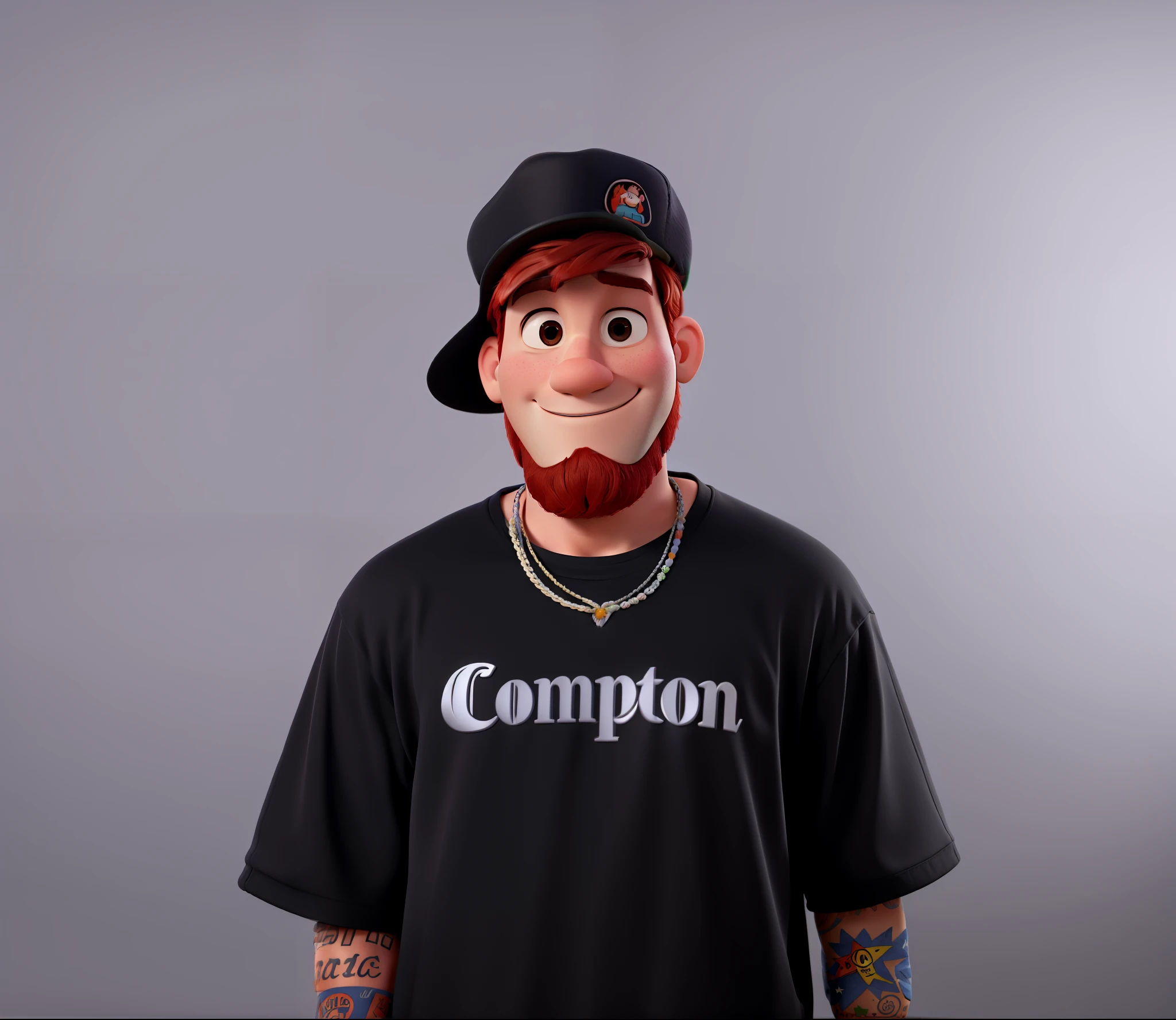 Um homem moreno estilo disney pixar, high quality playing a chip and wearing a hat and white shirt