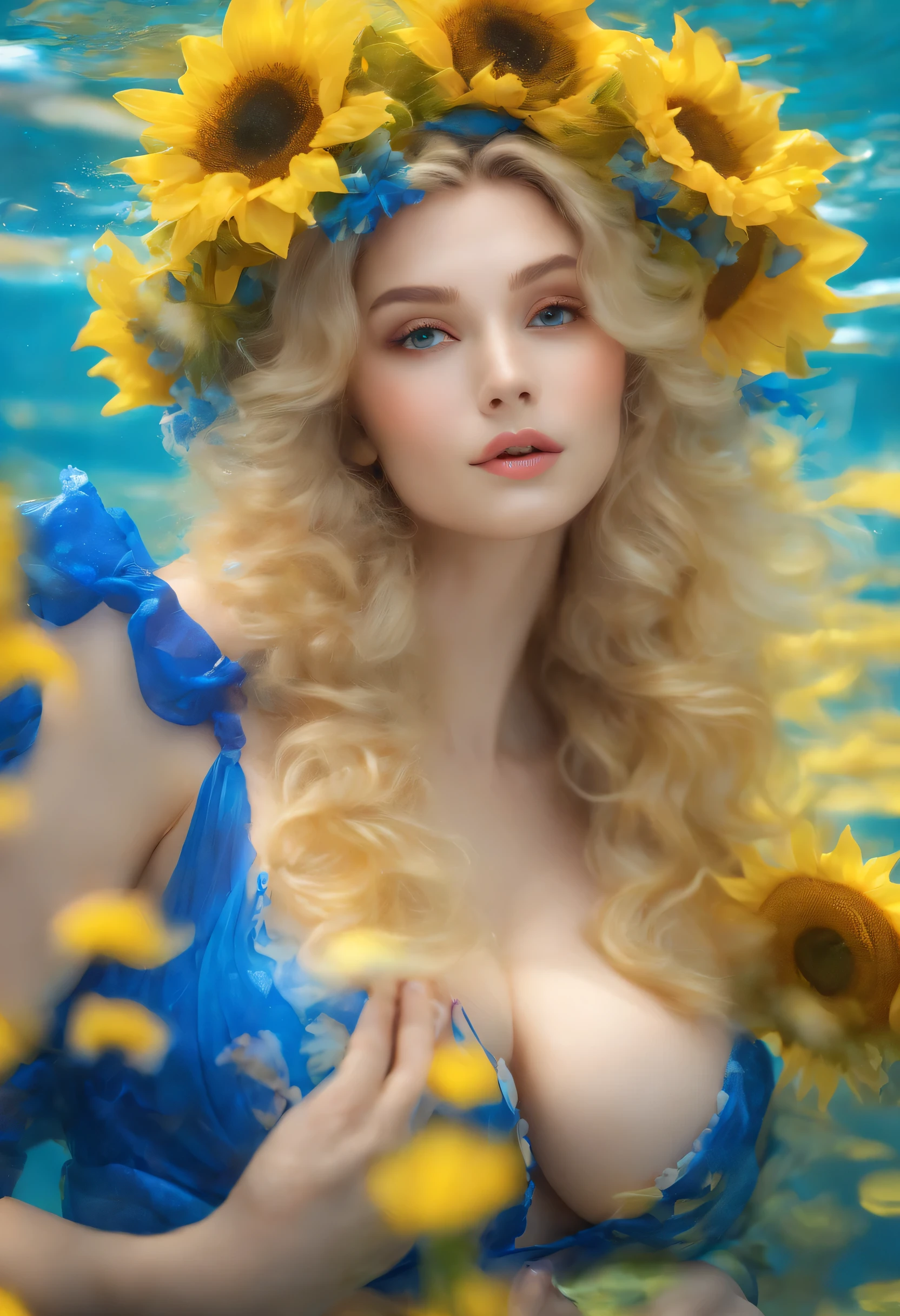 ((top-quality, 8K)), (Realistic), (Face Focus: 1.1), (Yellow,blue: 1.3), ukrainian woman in a dress that is in the water, closeup fantasy with water magic, fine art fashion photography, monia merlo, inspired by irakli nadar, inspired by Franz Xaver Winterhalter, with blooming flowers around her, inspired by Tatiana Hordiienko, jean-sebastien rossbach, karol bak uhd, vynok. ukrainan flower headband, sunflowers, vyshyvanka dress, pom-poms, ukrainian flag, flag, ukrainian, (seductive), (erotic), (huge breasts:1.5),big chest,well-rounded figure, no bra, (open chest) , topless,(open chest)