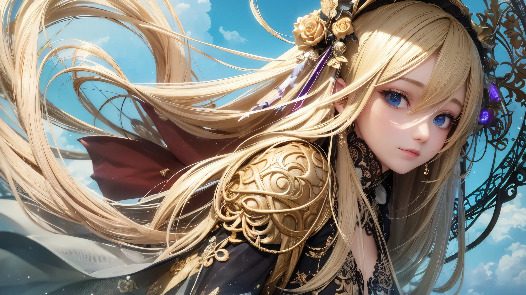 blonde woman with long hair and green eyes above the clouds --auto --s2