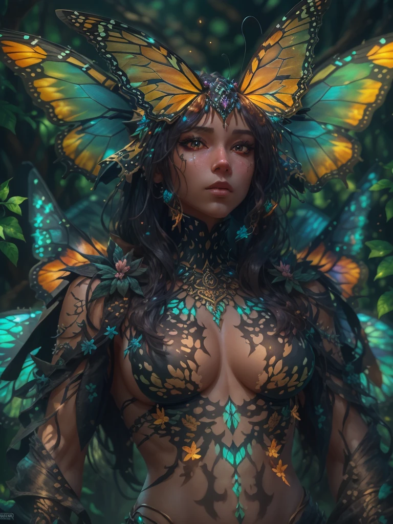 Beautiful Insect Monarch Butterfly Hybrid jenna ortega, Fair Skin, Inside A dark forest filled bioluminescent flowers by night, Barely Clothed, Bikini Armor Made Of glistening iridesent chitin and fur, Chtin Texture, beautiful monarch butterfly wings coming out of her back,Beautiful D&D Character Portrait, Ominous, Dark Fantasy, Biopunk, Detailed, Fiverr Dnd Character, Octane Render, Digital Art, Extreme Detail, 4k, Ultra Hd, Polished, Beautiful, Hyperdetailed, Intricate, Elaborate, Meticulous, Anime Character, Detailed, Grunge, Sharp Focus, Wlop, Character Design, Unreal Engine, 3d Rendered, Volumetric Lighting, Reflections, Glossy, Digital Illustration,  Pose, Suggestive Pose, Lewd, Full Body Shot, anatomically correct 💖❤💕💋❣