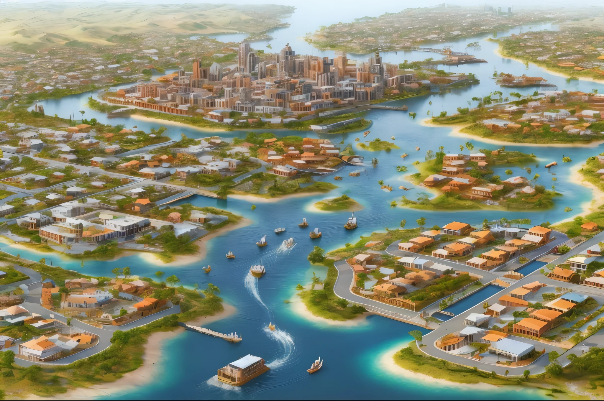 uma floresta grande with a river running through it and a boat in the water, cidade costeira tropical, renaissance port city background, City of Atlantis, City of Atlantis, utopian city, the City of Atlantis, cidade detalhada, Cidade Capital da Fantasia, pintura realista de um complexo, isometric 3d render, cidade grande, Cidade flutuante, paisagem de uma cidade do futuro