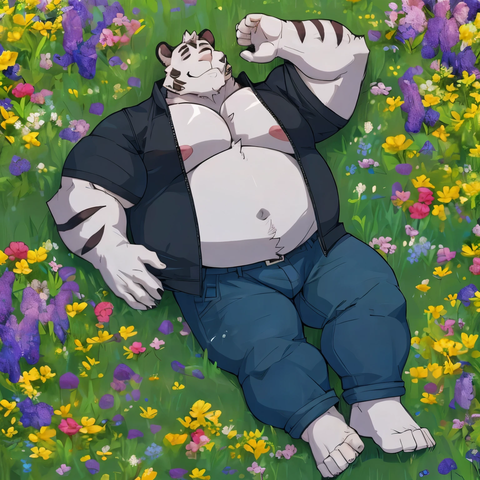 axel cosmas , solo, plump, huge, nipples, big fat belly, big ass, eyes shut, laying, 5 fingers, musclegut body, lineart, normal eyes, wet body, macro body, massive body, huge pecs, very wide, grass, flowers, blue jeans, black jacket