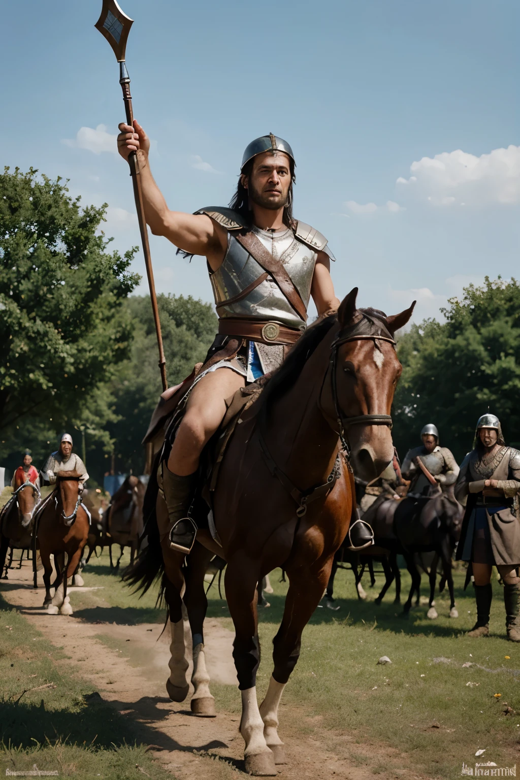 very realistic image of the Dacian king Decebal of ancient Dacia, standing on a horse in front of his troops with helmet