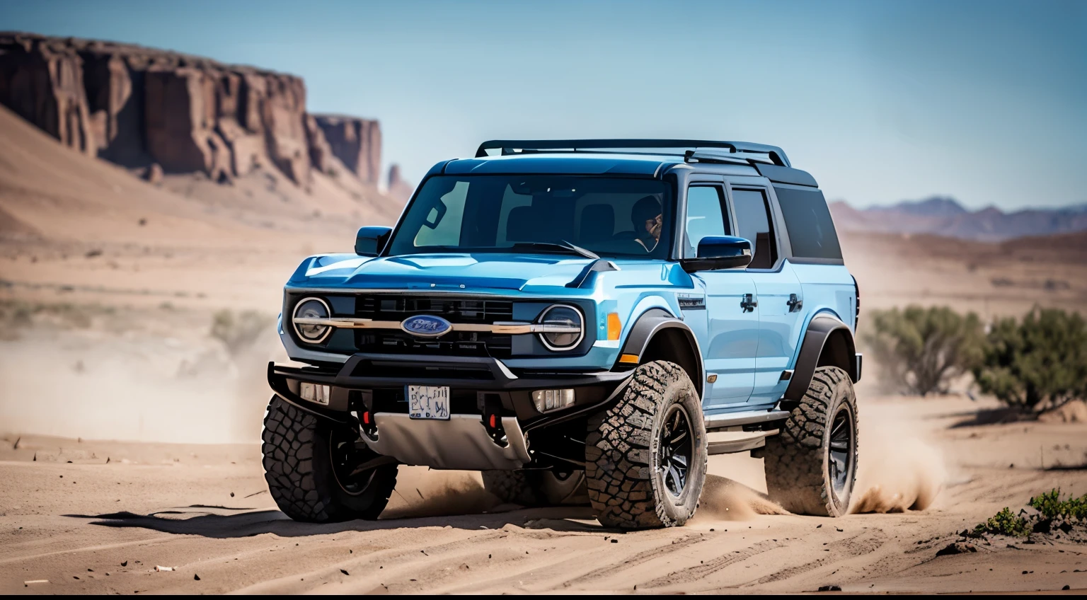 masterpiece photo Ford Bronco PreRunner with Baja suspension, large off-road tires, expedition tuning: : 2, highly detailed body, highly detailed tires, cinematic, hyper-realistic, symmetrical, desert, bright sun, rocky ridge: : 2, photo by Sabiha Çimen: : 2, highest quality, professional photography