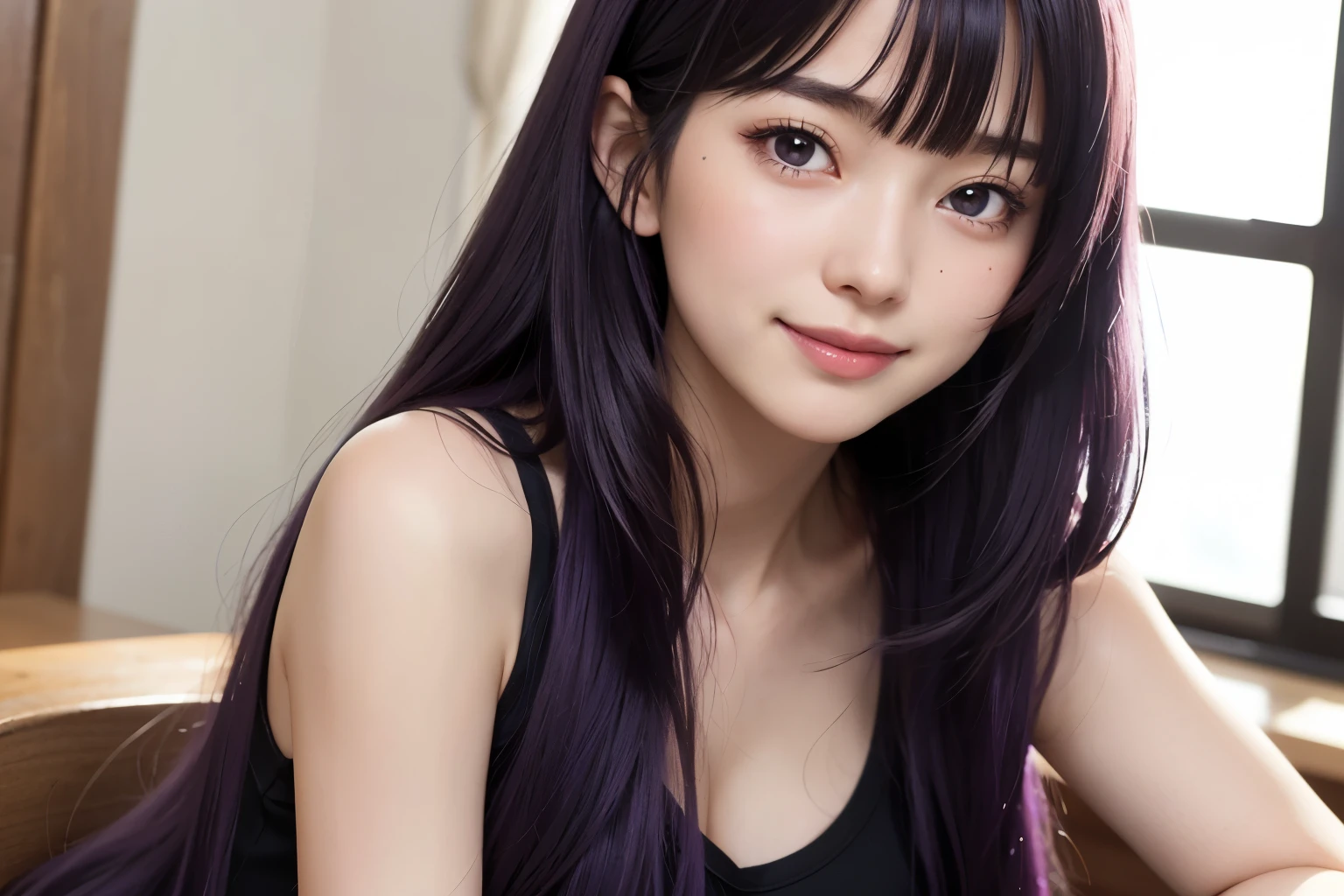 ((Best Quality)), ((masutepiece)), (Detailed), Perfect face, a close-up of a cartoon anime of a girl with long dark purple hair, 1girl, solo, long hair, breasts, purple eyes, smile, blush, shirt, sleeveless, very long hair, indoors, large breasts, bangs, sleeveless shirt, black hair