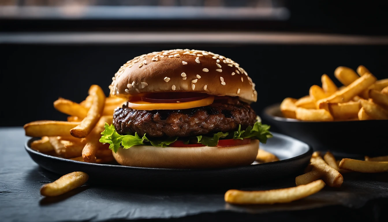 An aesthetic photo of a hamburger served on a trendy black slate plate with a side of golden crispy fries, showcasing the burger’s modern and stylish presentation