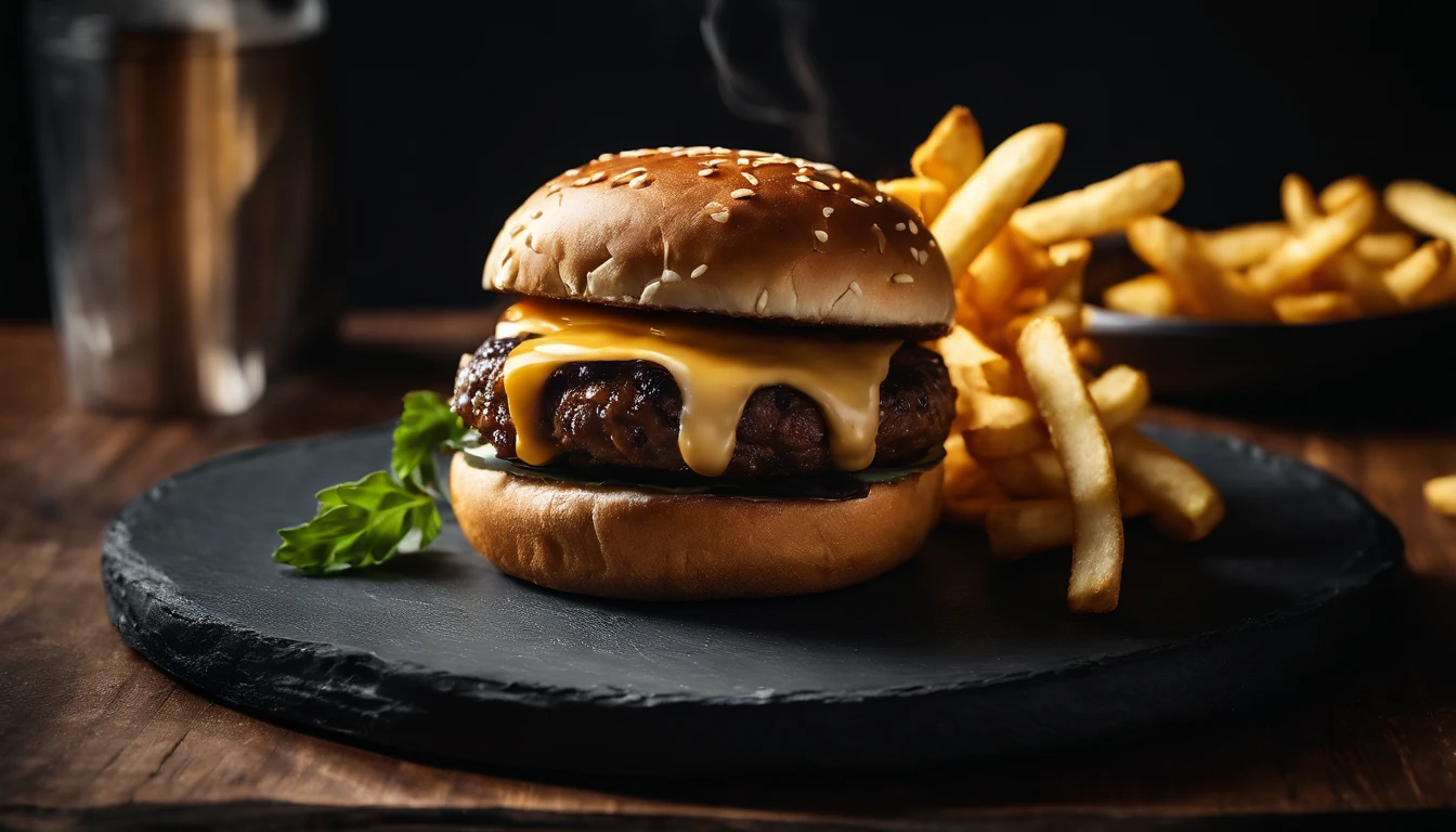 An aesthetic photo of a hamburger served on a trendy black slate plate with a side of golden crispy fries, showcasing the burger’s modern and stylish presentation