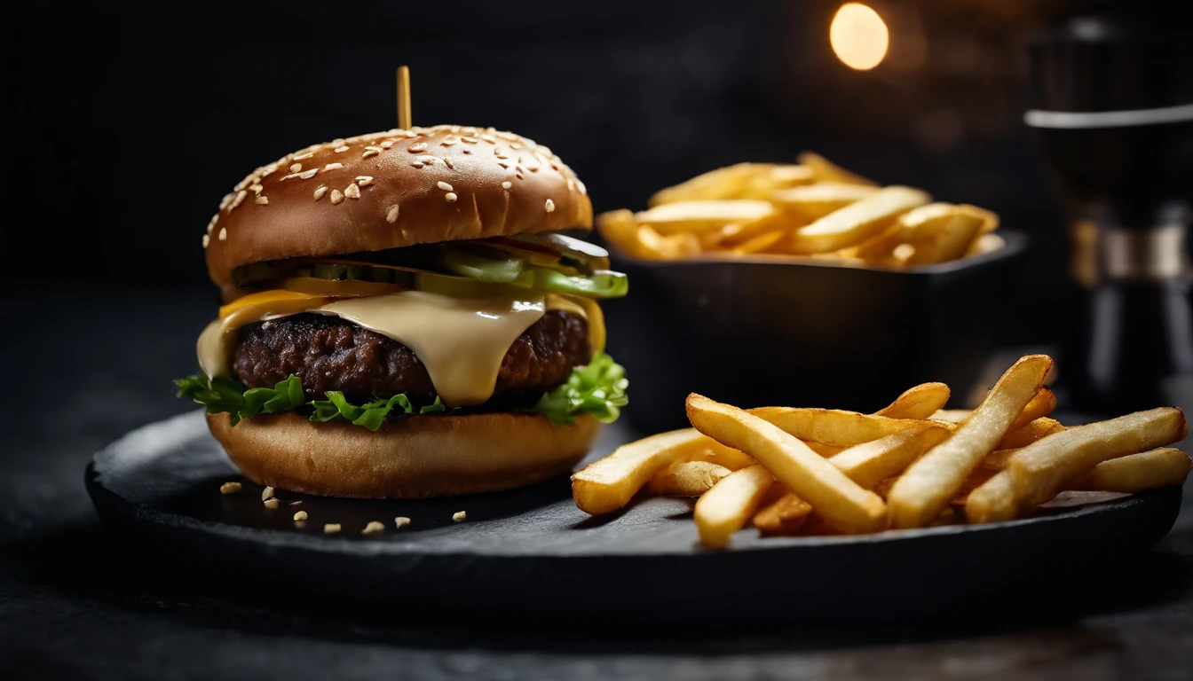 An aesthetic photo of a hamburger served on a trendy black slate plate with a side of golden crispy fries, showcasing the burger’s modern and stylish presentation