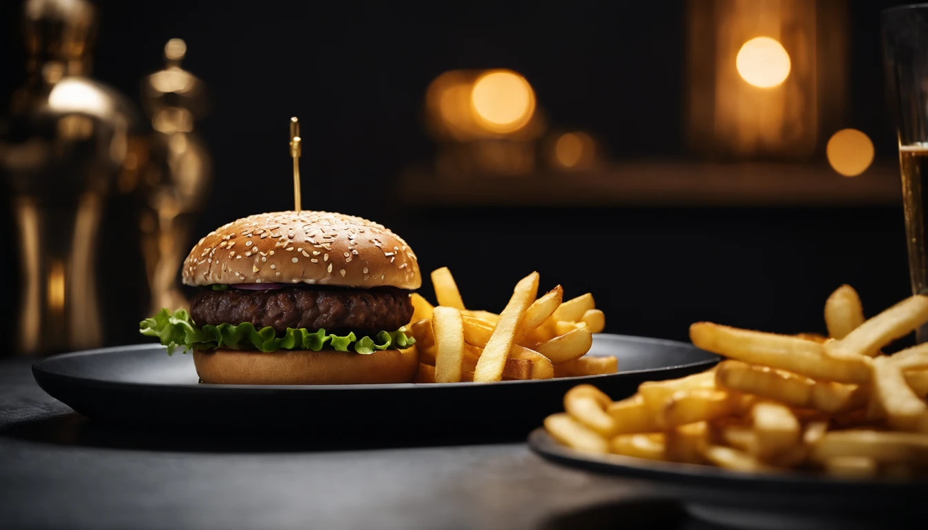An aesthetic photo of a hamburger served on a trendy black slate plate with a side of golden crispy fries, showcasing the burger’s modern and stylish presentation